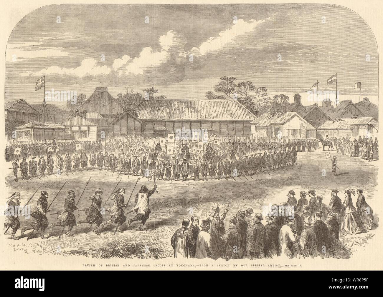 Revisione della British & i soldati giapponesi a Yokohama. Militaria 1865 ILN pagina piena Foto Stock