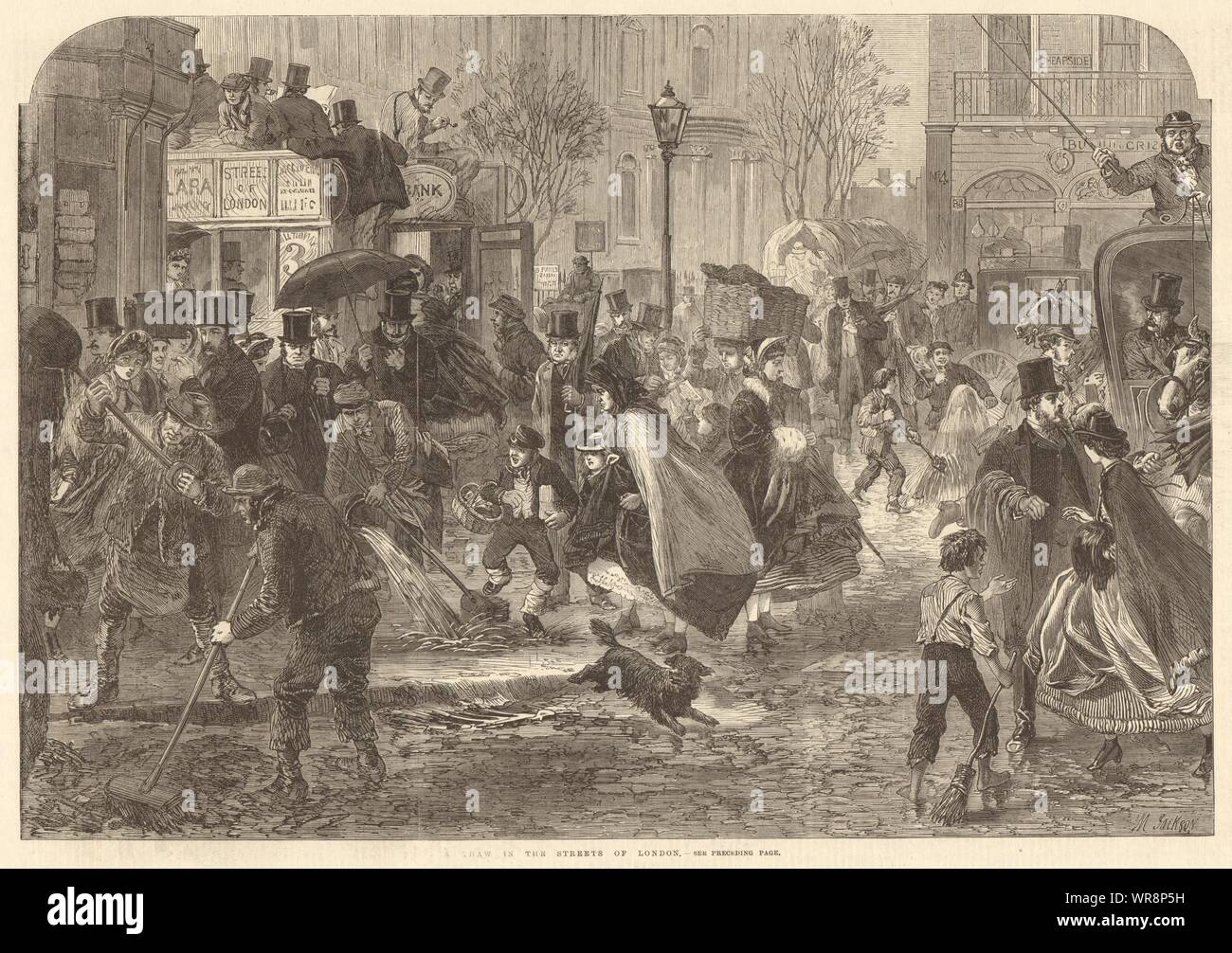 Un disgelo nelle strade di Londra. Cheapside. 1865 antique ILN piena pagina stampa Foto Stock