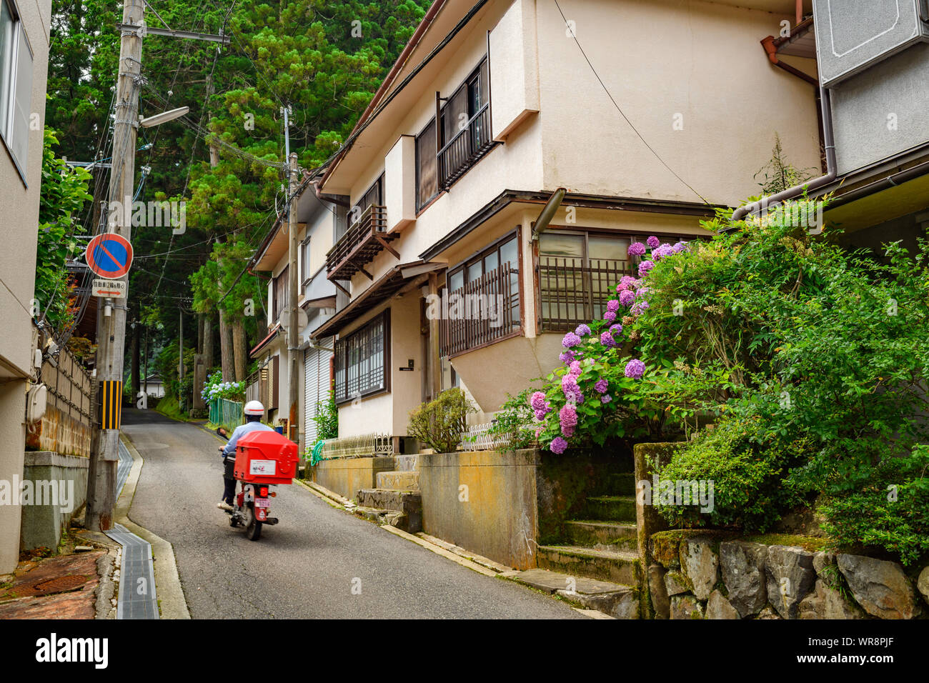 Wakayama, Giappone - 24 Luglio 2019: portalettere facendo consegna postale lungo il percorso che conduce al sentiero Kohechi del Kumano Kodo antica pilgriimage rout Foto Stock