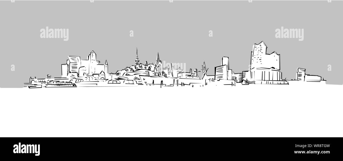 Amburgo panorama sullo skyline di disegno vettoriale. Mano Illustrazione disegnata su sfondo grigio. Illustrazione Vettoriale