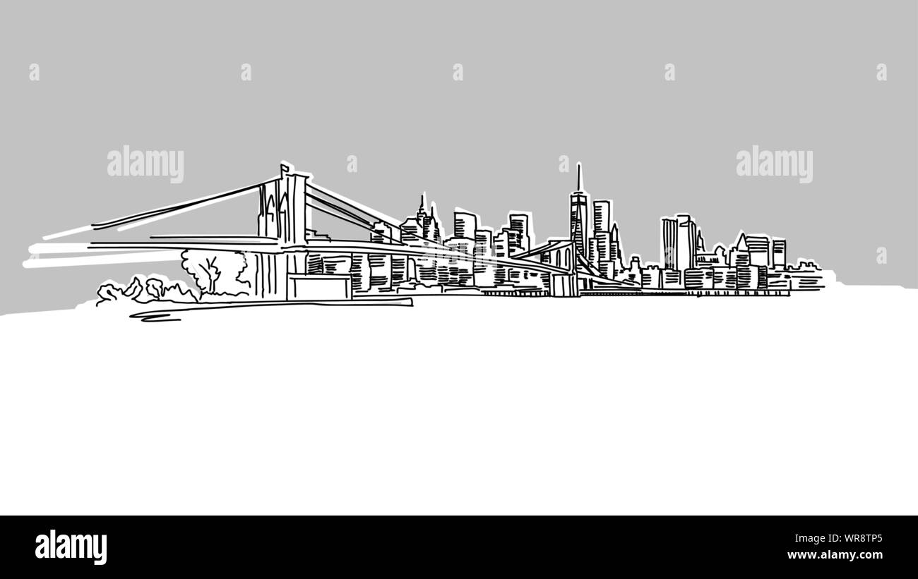 NYC Brooklyn Bridge panorama sullo skyline di disegno vettoriale. Mano Illustrazione disegnata su sfondo grigio. Illustrazione Vettoriale