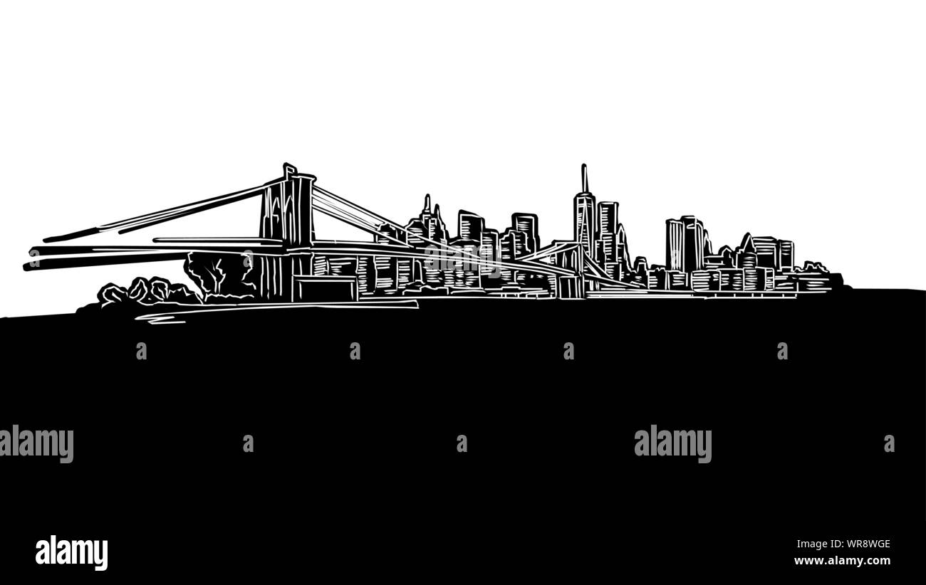 New York City Panorama Silhouette disegno. Disegnate a mano illustrazione nella forma di una xilografia per digitale e progetti di stampa. Illustrazione Vettoriale