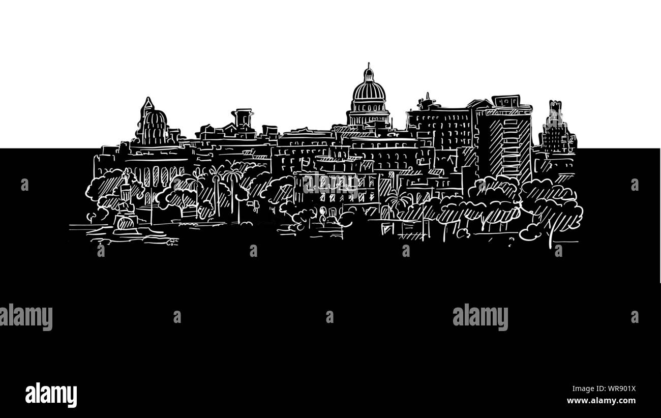 L'Avana, Cuba Panorama Silhouette disegno. Disegnate a mano illustrazione nella forma di una xilografia per digitale e progetti di stampa. Illustrazione Vettoriale
