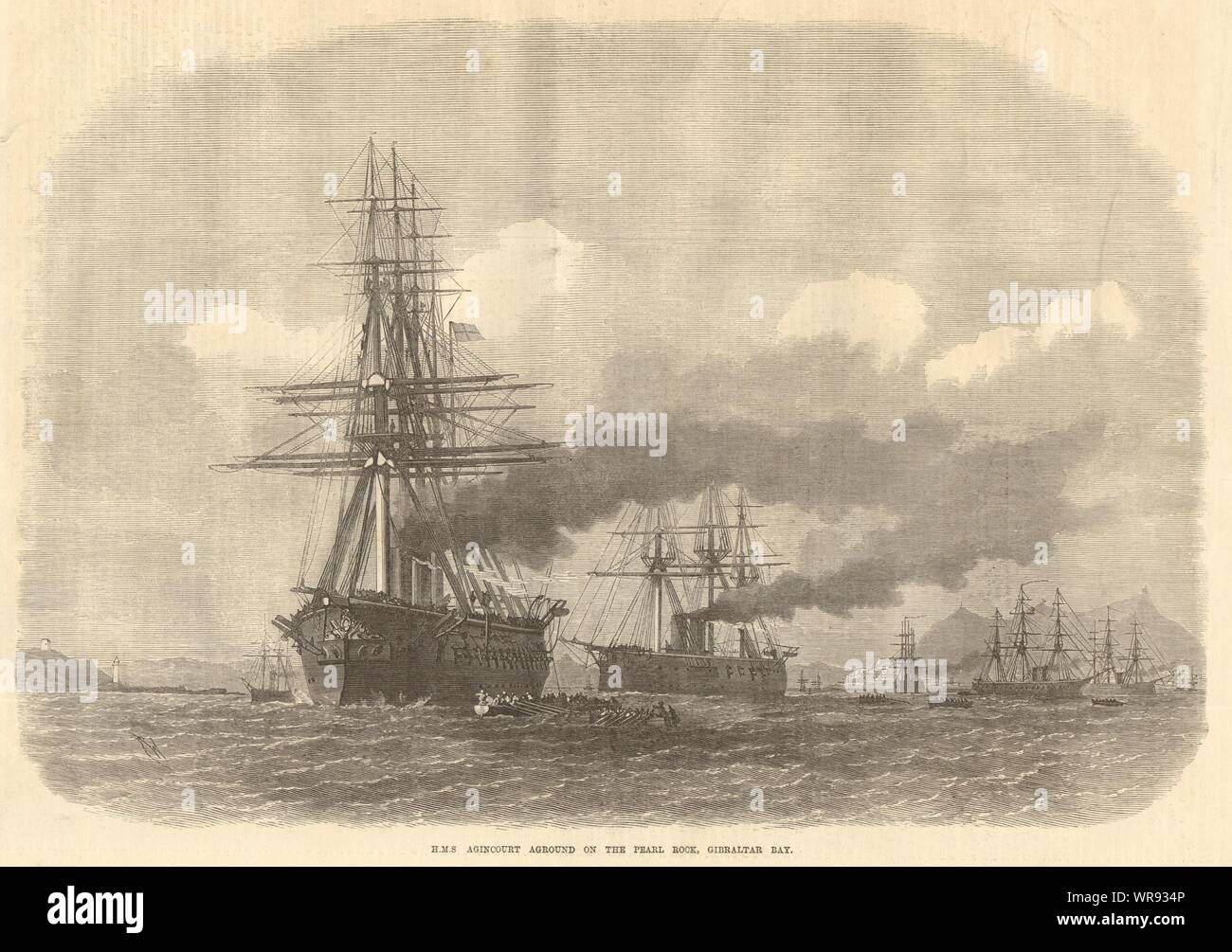 H. M. S. Agincourt arenarsi su La Perla Rock, Baia di Gibilterra. Navi 1871 Foto Stock