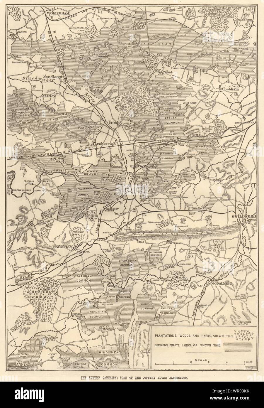 Esercito britannico Manouevres mappa. Aldershot Sandhurst Guildford Bagshot 1871 mappa Foto Stock