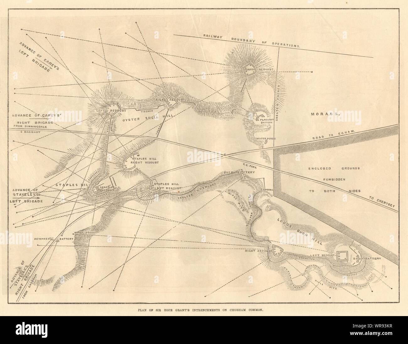 Piano di Sir speranza Grant's intrenchments su Chobham comune. Surrey 1871 mappa Foto Stock