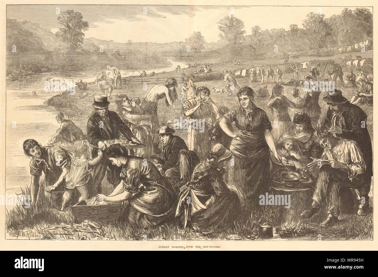Domenica mattina con la hop-raccoglitori. Agricoltura 1871 antique ILN piena pagina stampa Foto Stock