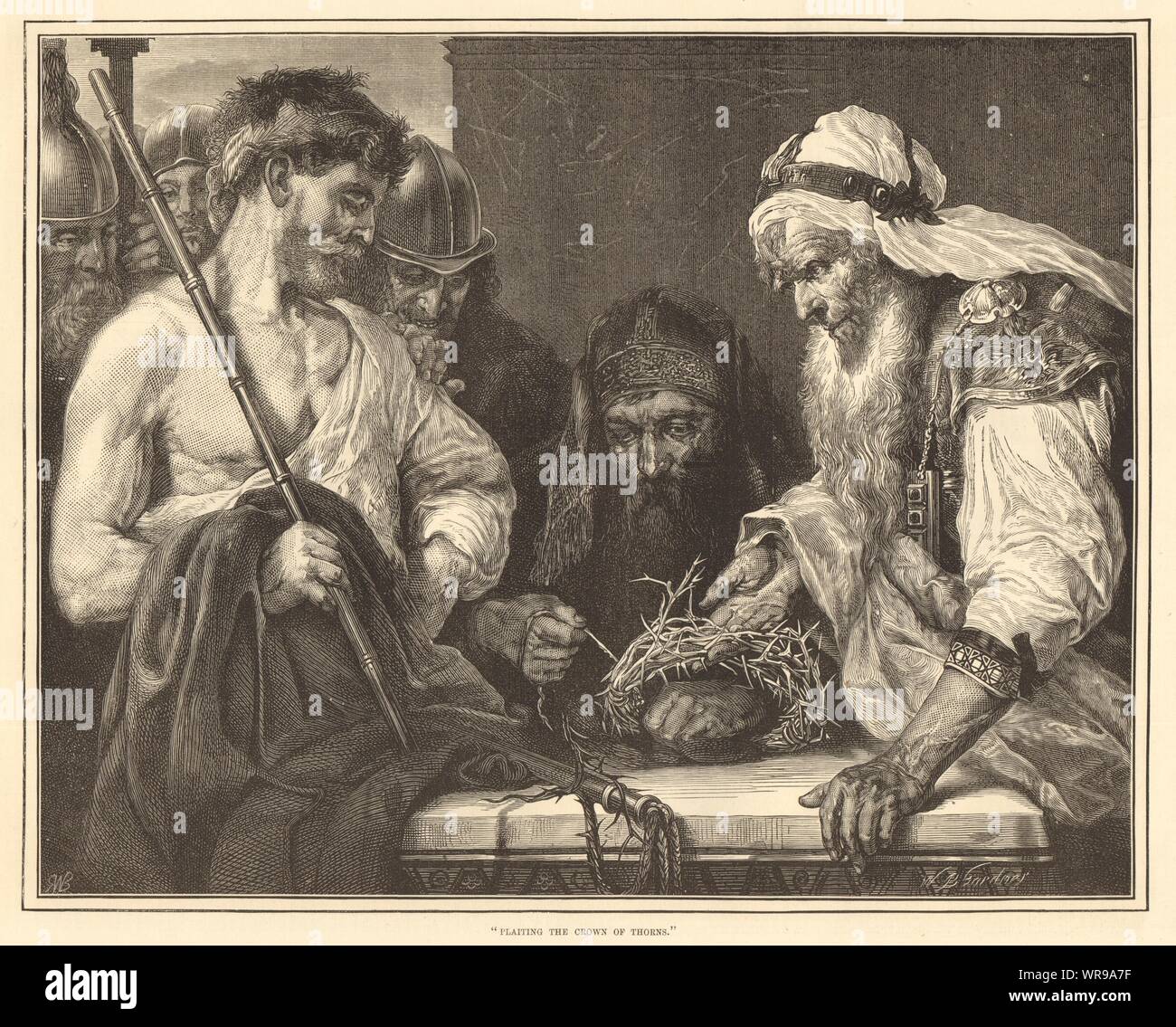 "Intrecci la corona di spine'. La bibbia. Belle arti 1875 antique ILN pagina piena Foto Stock