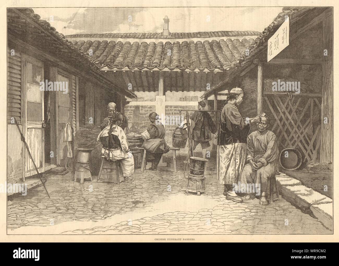 Cinese barbieri itineranti. Mestieri 1876 antique ILN piena pagina stampa Foto Stock