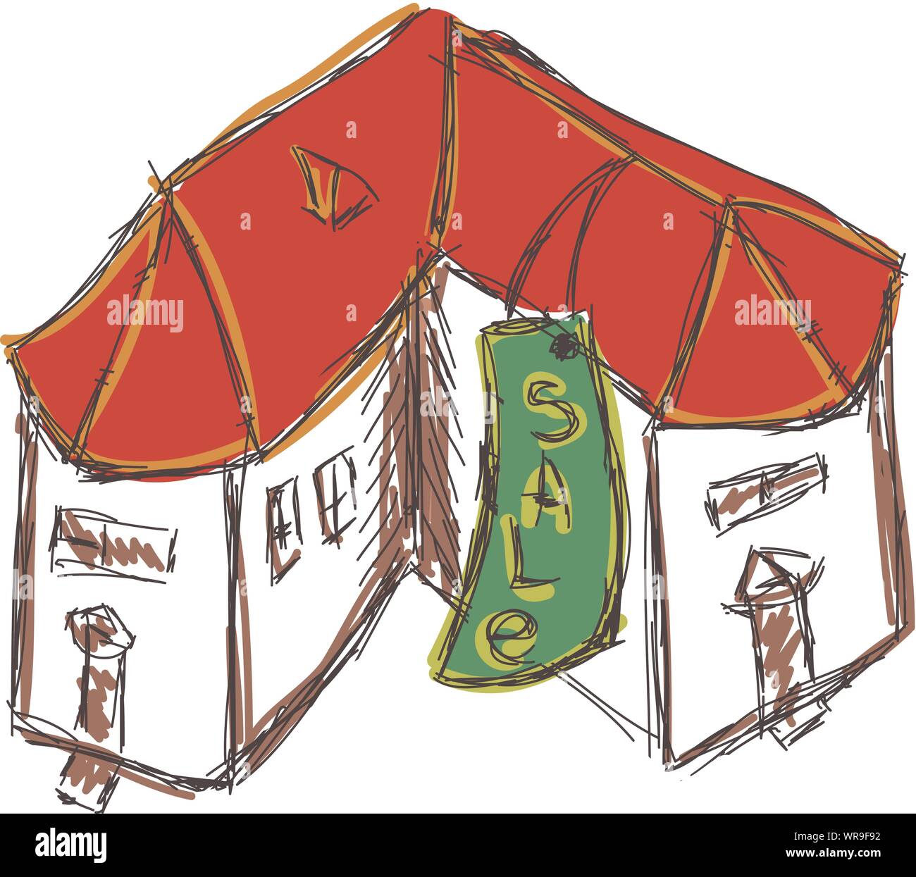 Disegnato casa colorata con un tetto rosso per la vendita Illustrazione Vettoriale