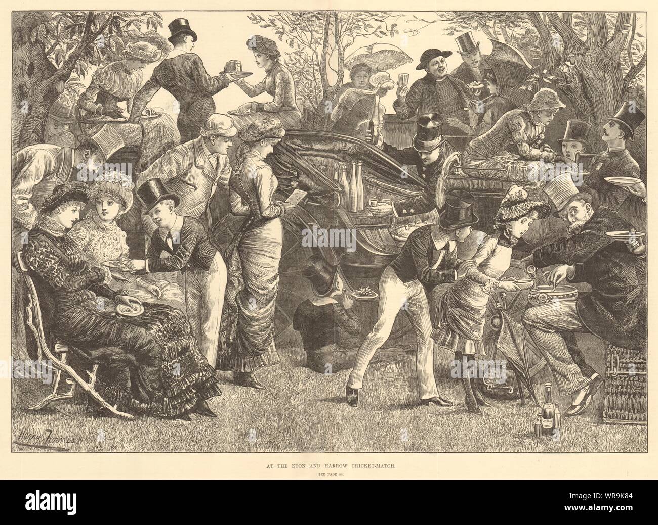 A Eton & Harrow cricket-match. Londra 1881 antique ILN piena pagina stampa Foto Stock