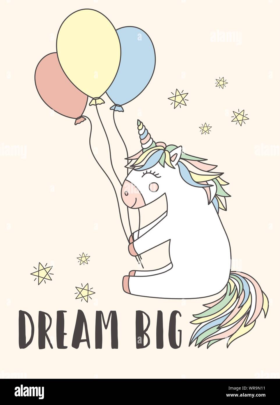 Immagine vettoriale di una felice unicorn con palloncini e iscrizione grande sogno. Concetto di vacanza, baby doccia, compleanno, festa, stampe, textures. Illustrazione Vettoriale