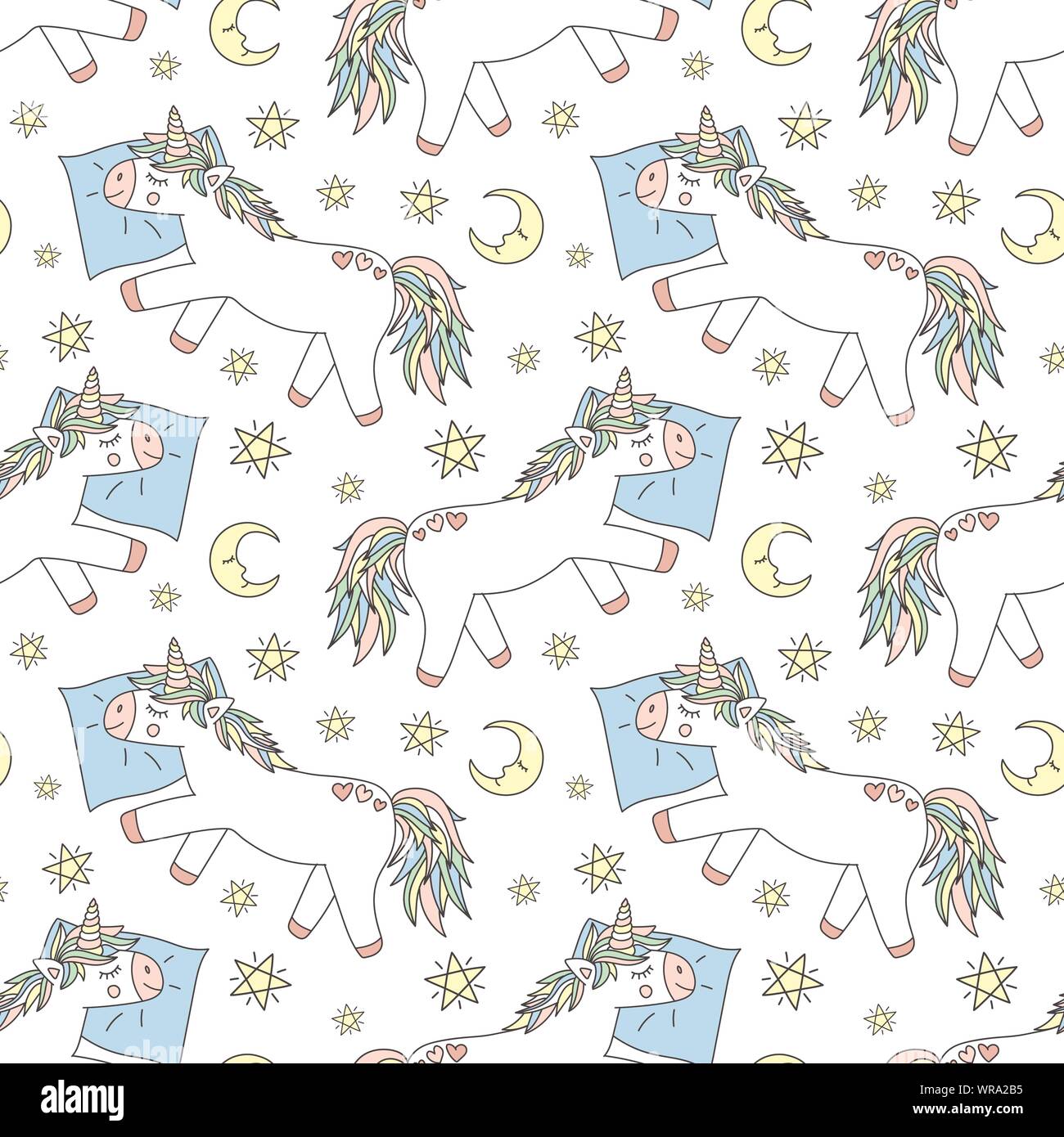 Modello senza giunture di disegnati a mano unicorns dormire su un cuscino con la luna e le stelle. Vettore di immagine di sfondo per le stampe per pigiami, texture, vacanze Illustrazione Vettoriale