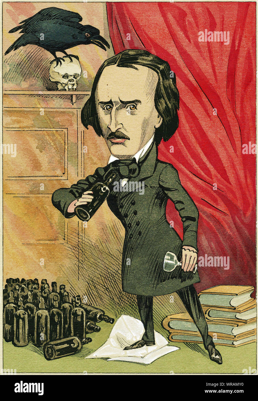 Edgar Allan Poe, lo stile comico figura dipinta da Giuseppe Clayton Clarke (Kyd, 1857 -1937) nel XIX secolo. Foto Stock