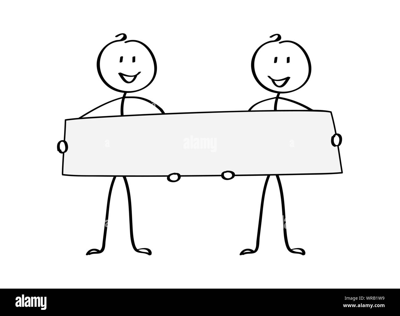 Due allegro cartoon uomo tenendo un poster, un luogo per il testo. Design piatto. Illustrazione Vettoriale