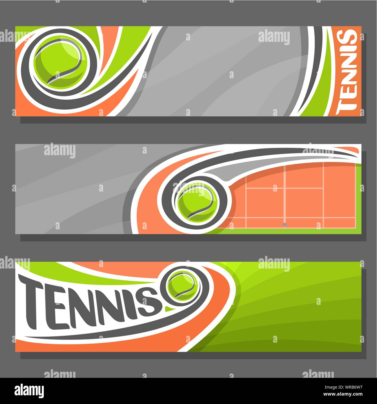 Vettore Banner orizzontale per il Tennis: 3 cartoon copre per il testo sul tema del tennis, argilla sporting corte con battenti palla verde su sfondo grigio. Illustrazione Vettoriale
