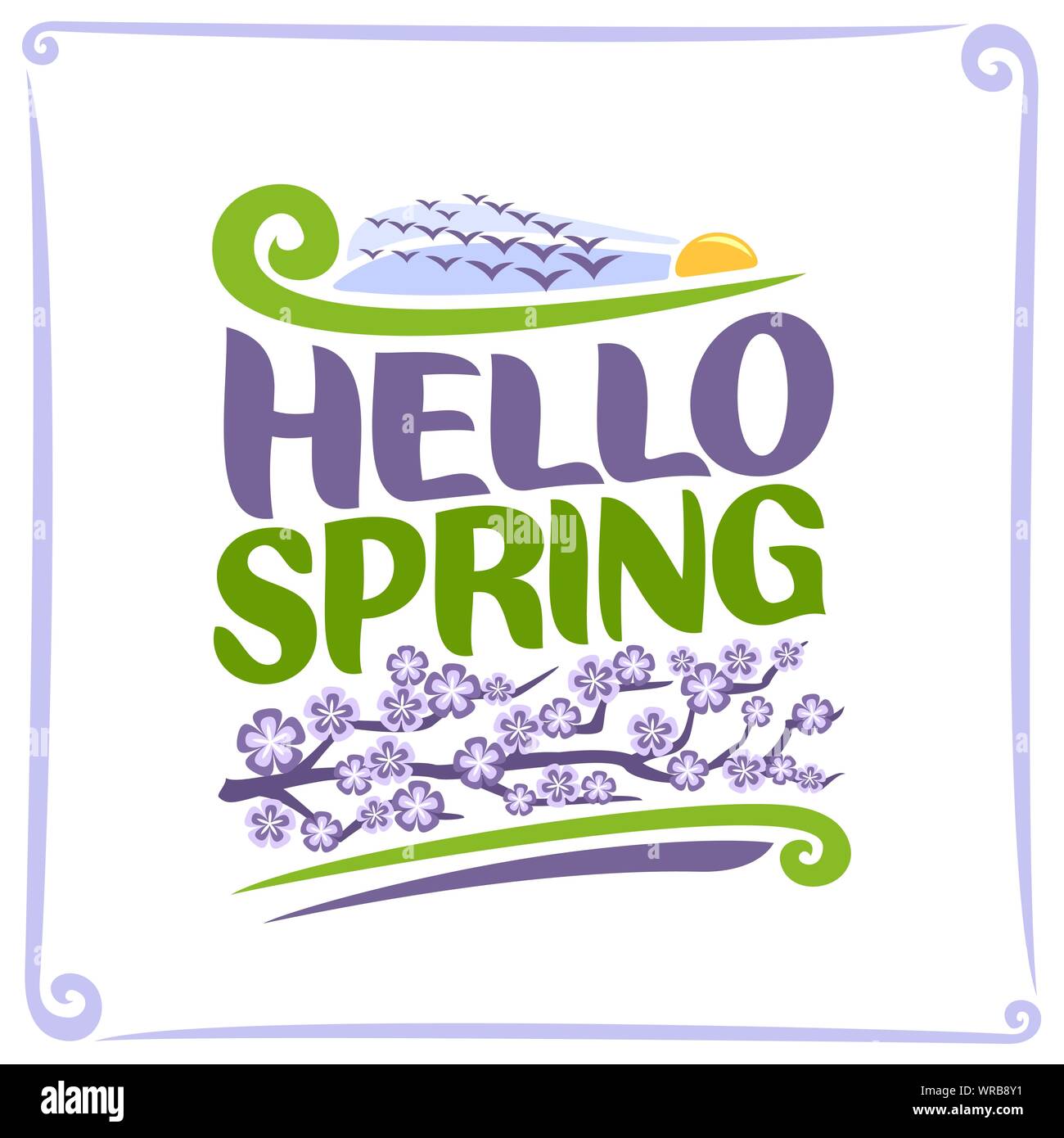 Poster del vettore per la primavera: stormo di uccelli che vola nel cielo di sunrise, verde il testo del titolo - Ciao a molla, ramo di albero con lilla fiori cartoon su bianco ba Illustrazione Vettoriale