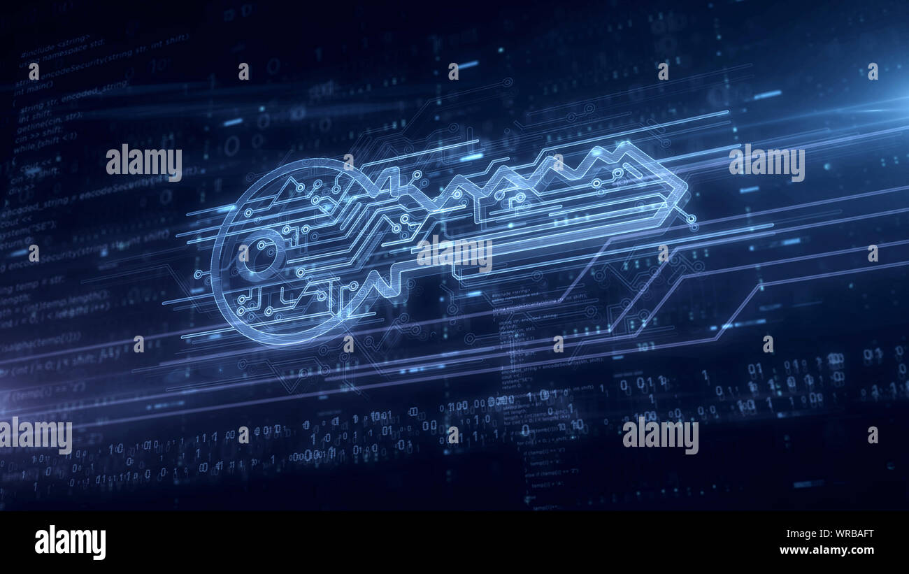 Cyber sicurezza con simbolo chiave ologramma 3d'illustrazione. Un concetto moderno di protezione dei computer, la crittografia e la protezione tramite password sul blu backgro digitale Foto Stock