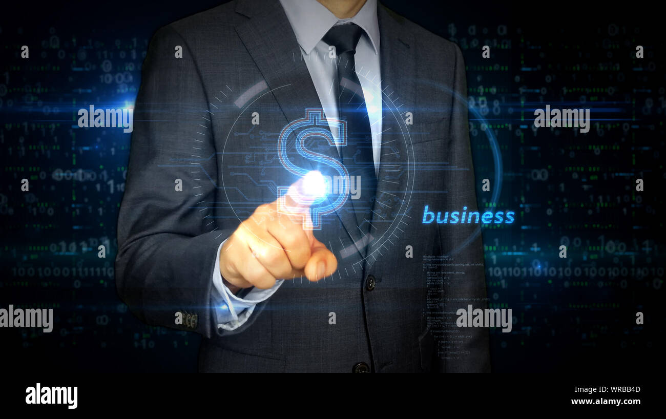 Un imprenditore in un vestito touch screen con simbolo del dollaro ologramma. Uomo con mano sul display virtuale di interfaccia. La scienza, pericolo icona e cyber war futu Foto Stock