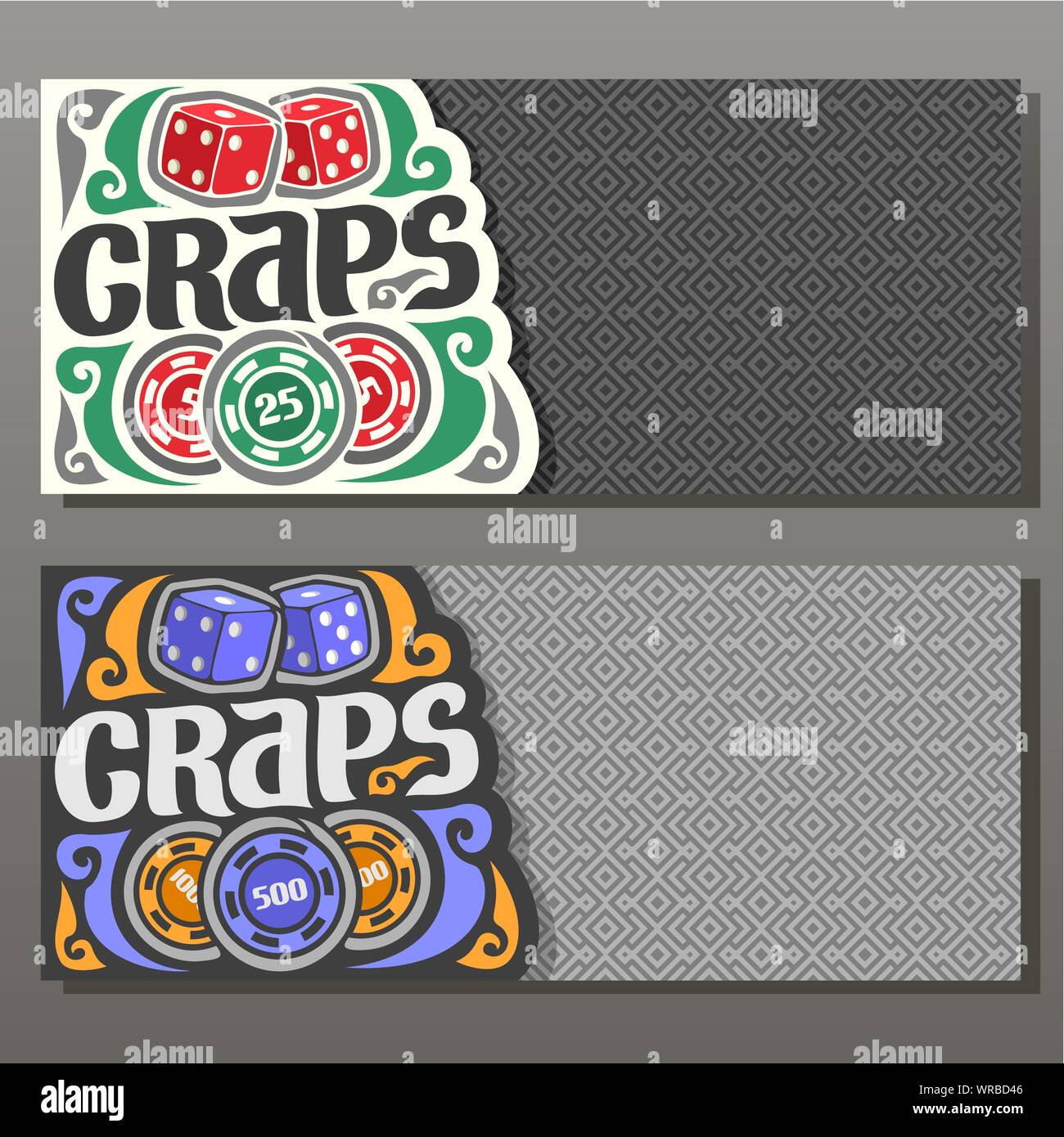 Vettore Banner orizzontale di Craps gamble, 2 cubi rossi e casino chips su grigio Sfondo geometrico. Illustrazione Vettoriale