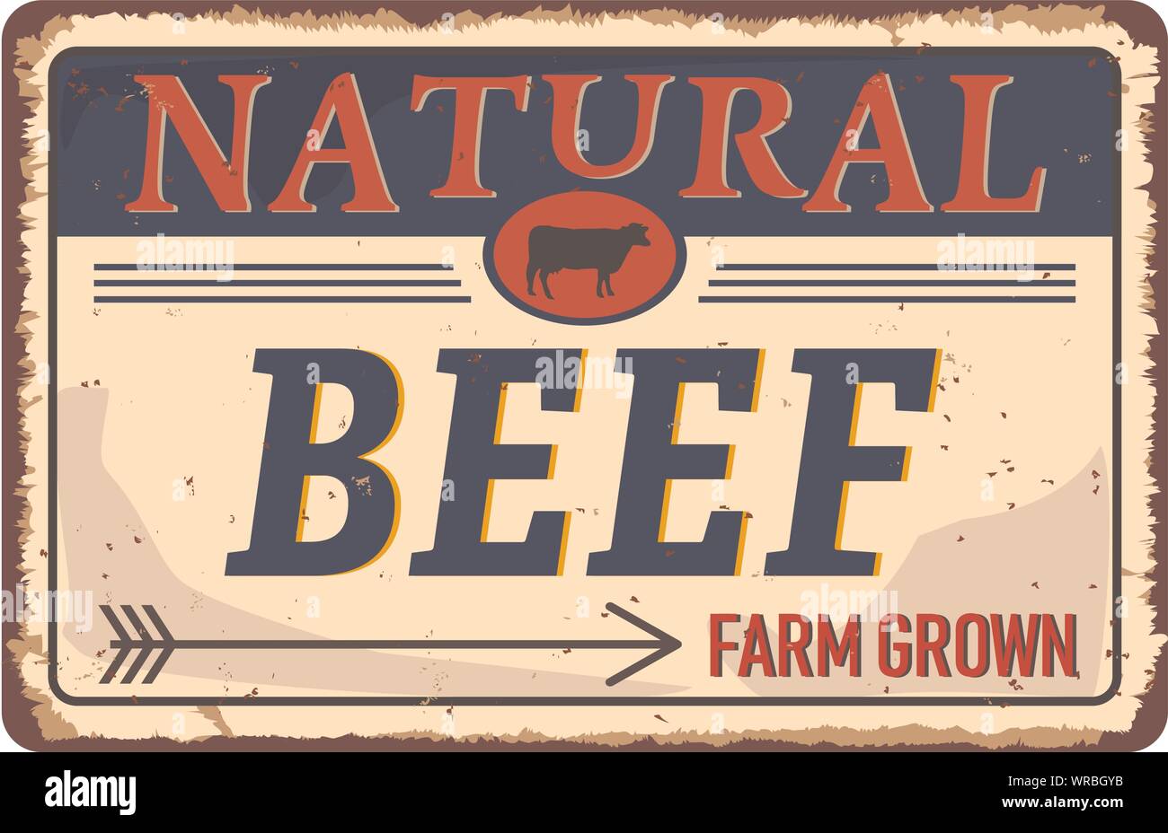 Carni bovine naturali vintage metallo arrugginito segno su uno sfondo bianco, illustrazione vettoriale Illustrazione Vettoriale