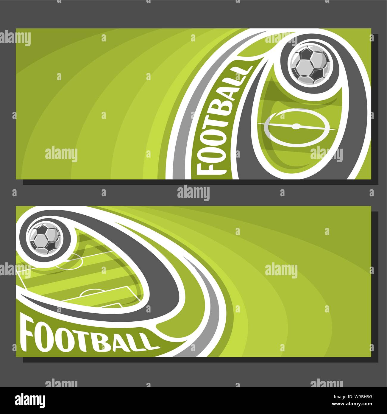 Banner di vettore per la partita di calcio: calcio palla che vola sulla traiettoria curva sopra al campo di calcio sul verde sfondo astratto. Illustrazione Vettoriale