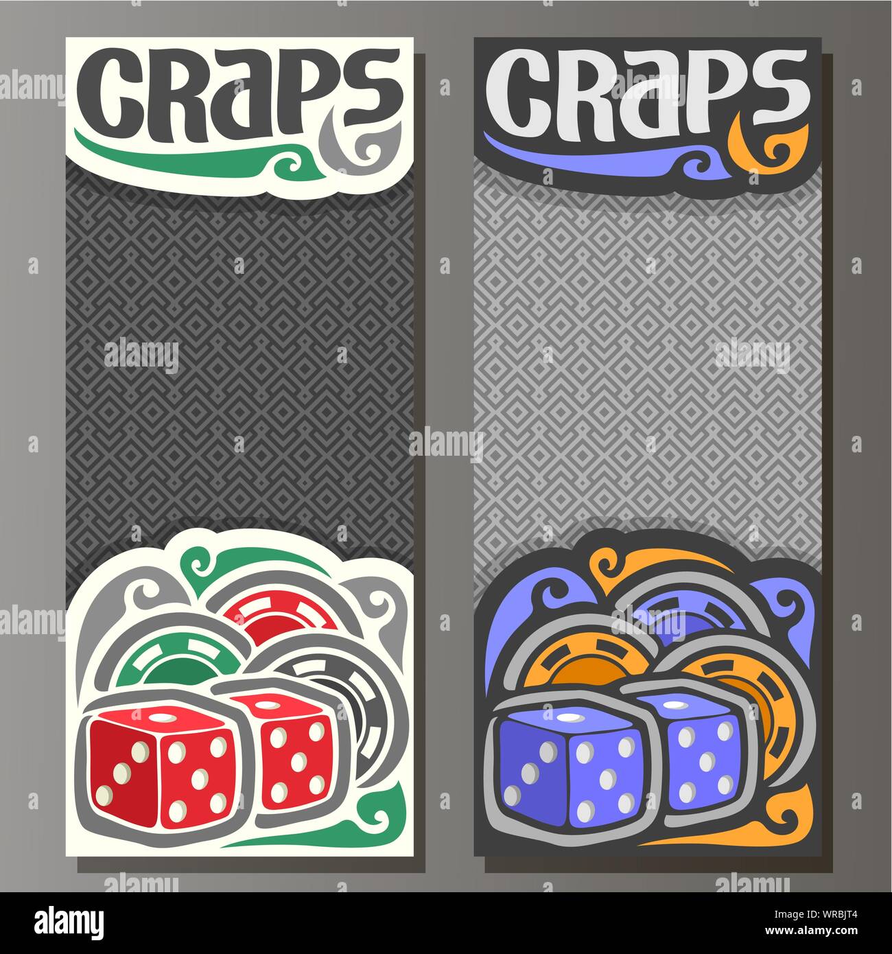 Vettore banner verticale di Craps gamble, 2 cubi rossi e heap di coloratissimi casino chips su grigio Sfondo geometrico. Illustrazione Vettoriale