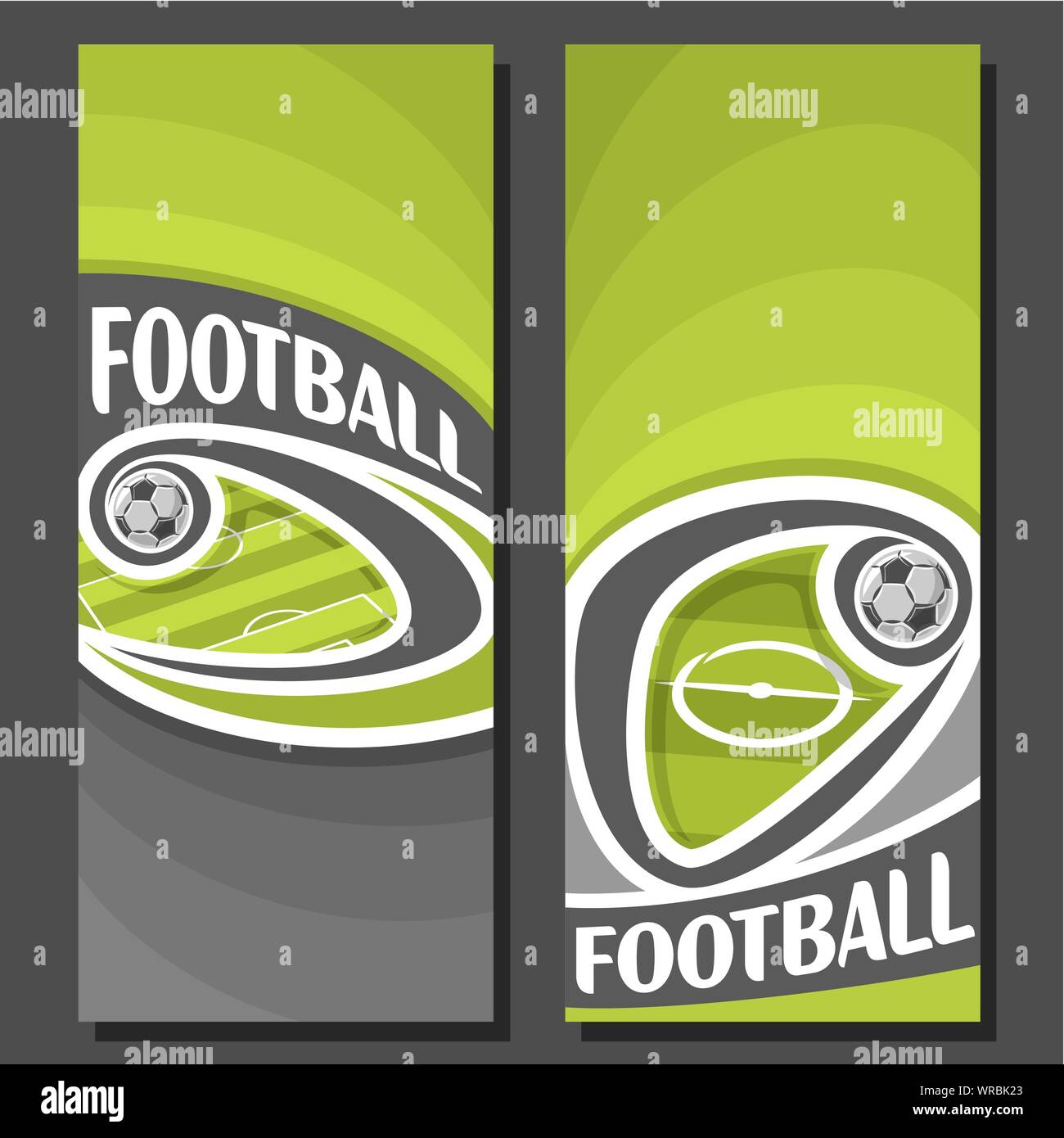 Vettore banner verticale per il calcio: 2 formati di testo sul tema calcistico, verde campo di calcio con battenti sulla curva palla su sfondo nero. Illustrazione Vettoriale