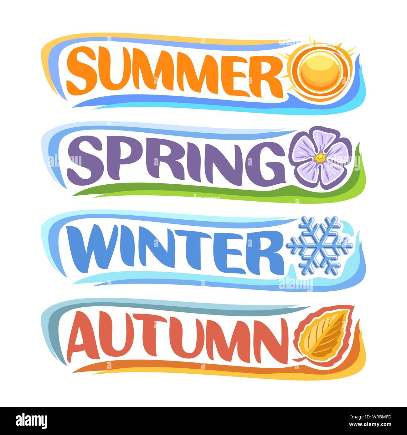 Vettore Banner orizzontale per quattro stagioni: primavera - fiori di lavanda sharon, estate - caldo sole, autunno - Foglie di autunno e inverno - fiocco di neve e gelo, isol Illustrazione Vettoriale