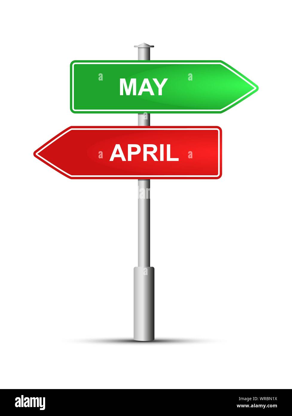 Il verde e il rosso cartello stradale con il nome dei mesi dell'anno in aprile e in maggio. Illustrazione Vettoriale