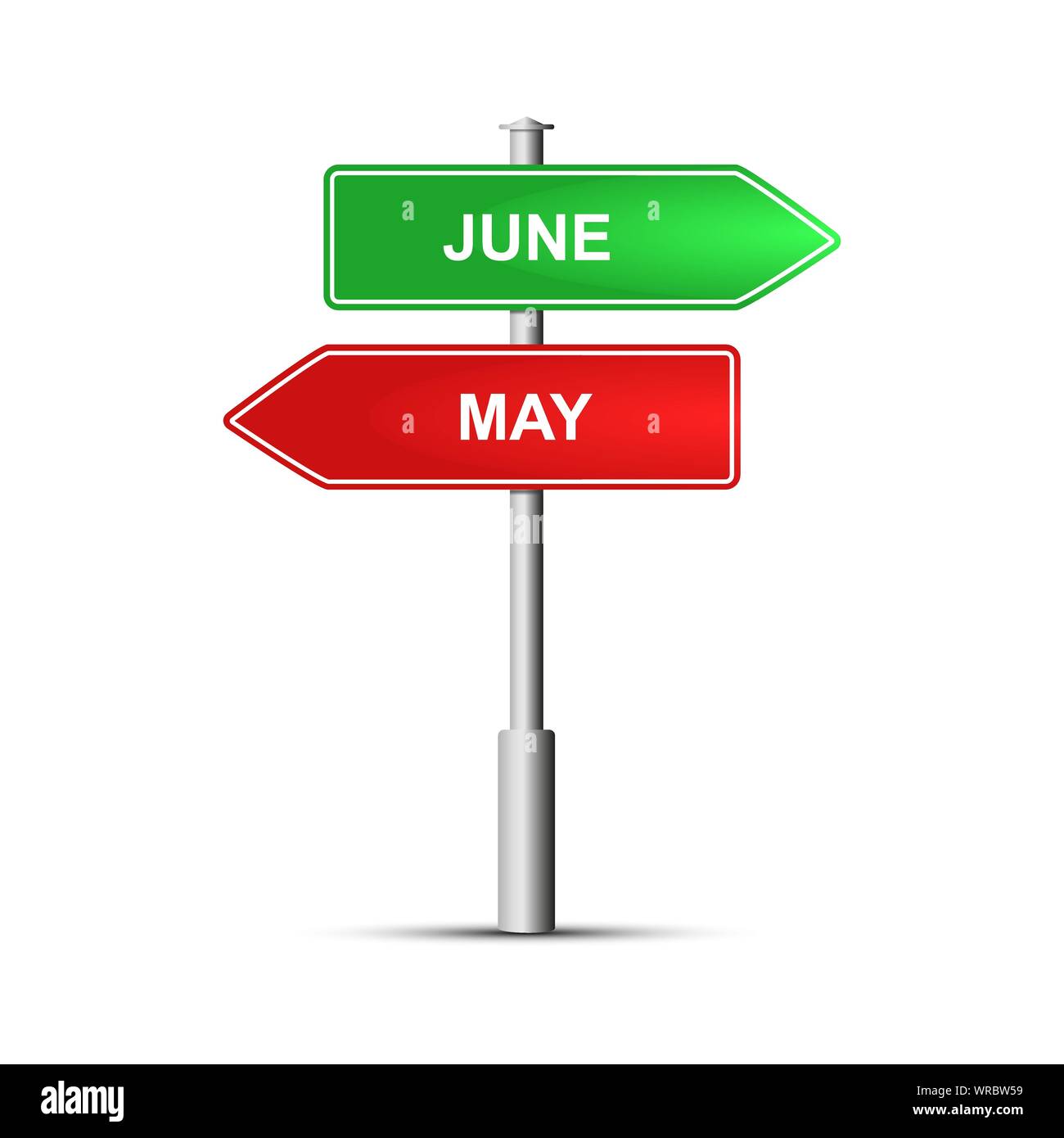 Il verde e il rosso cartello stradale con il nome dei mesi dell'anno Giugno e maggio. Illustrazione Vettoriale