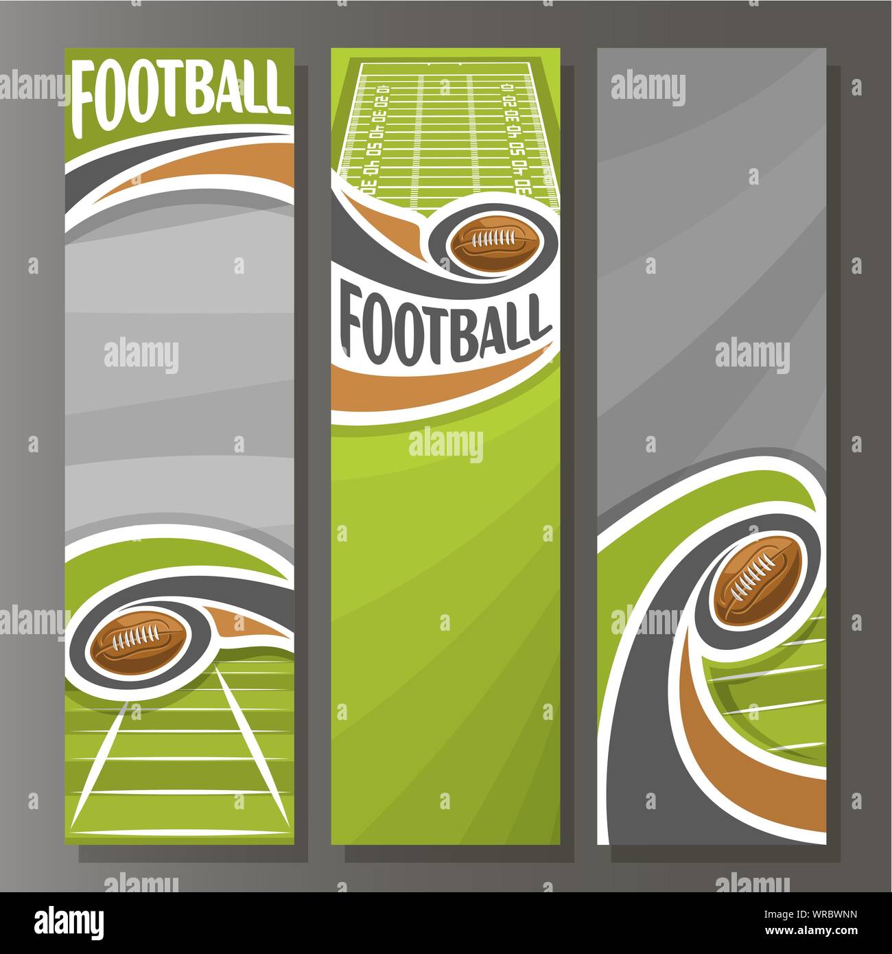 Vettore banner verticale per il football americano: 3 modelli per testo sul tema calcistico, campo di volo con palla ovale su sfondo grigio. Illustrazione Vettoriale