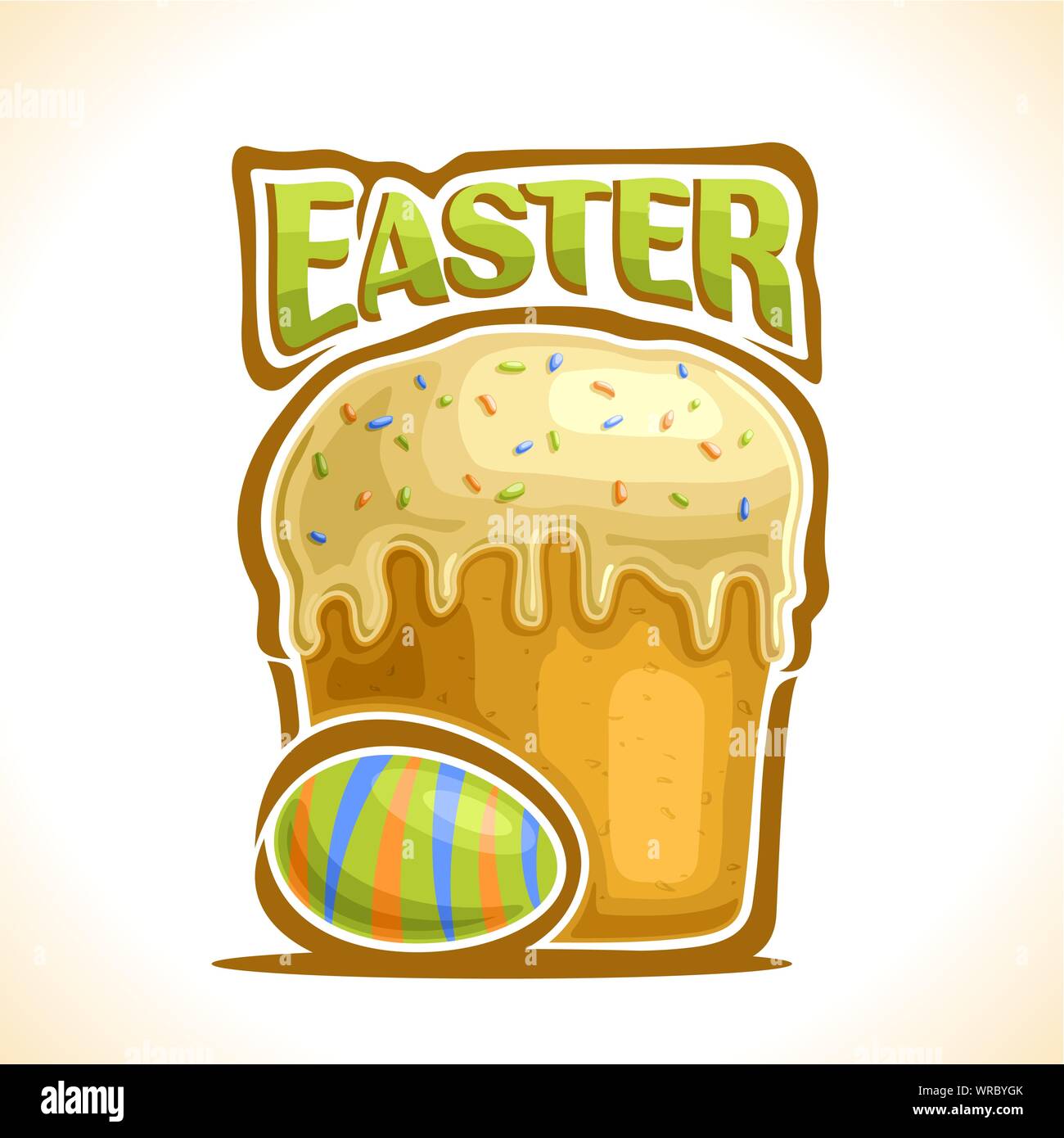 Illustrazione Vettoriale per vacanze di Pasqua: il logo con strisce colorate uovo di pollo e torte fatte in casa con flusso di smalto antigoccia crema. Illustrazione Vettoriale