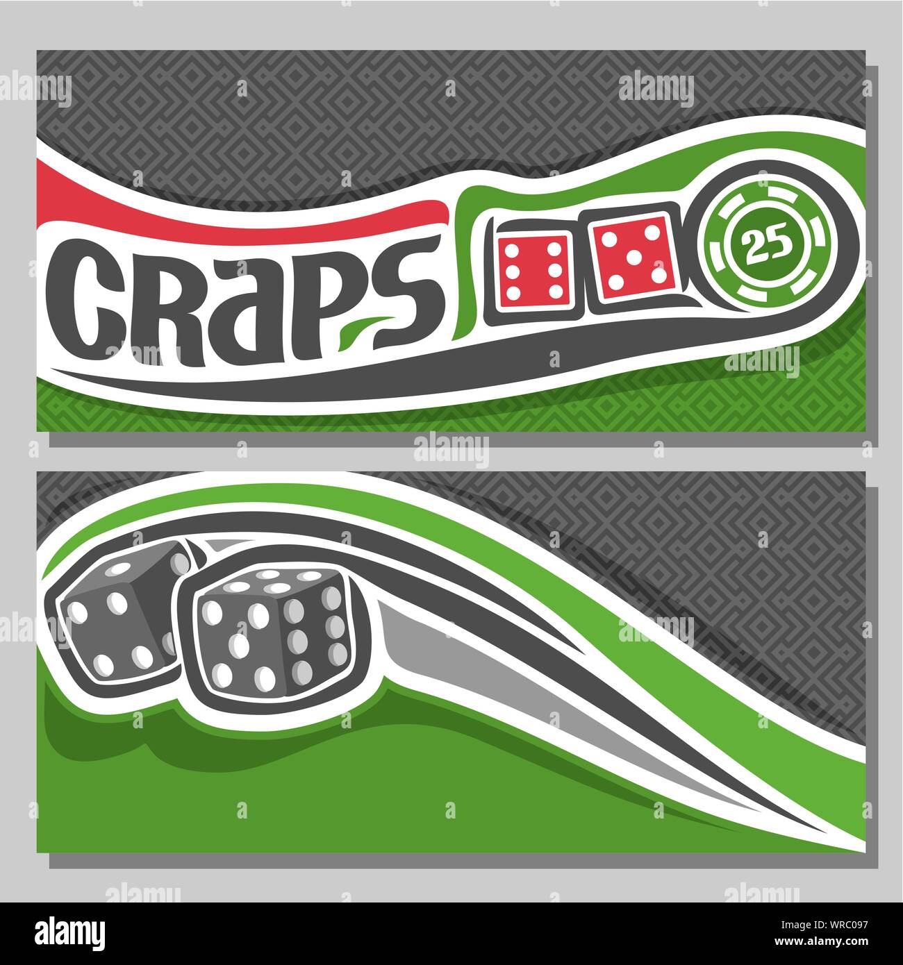 Banner di vettore di Craps gamble, 2 dadi rossi cubi battenti sulla traiettoria su sfondo di texture. Illustrazione Vettoriale