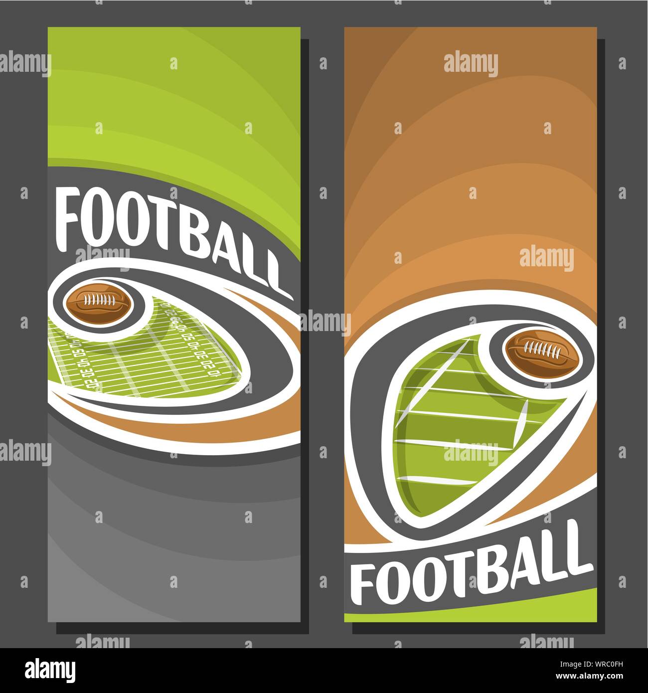 Vettore banner verticale per il football americano: 2 formati per titolo sul football americano tema, palla che vola sulla curva sopra il campo su sfondo marrone. Illustrazione Vettoriale