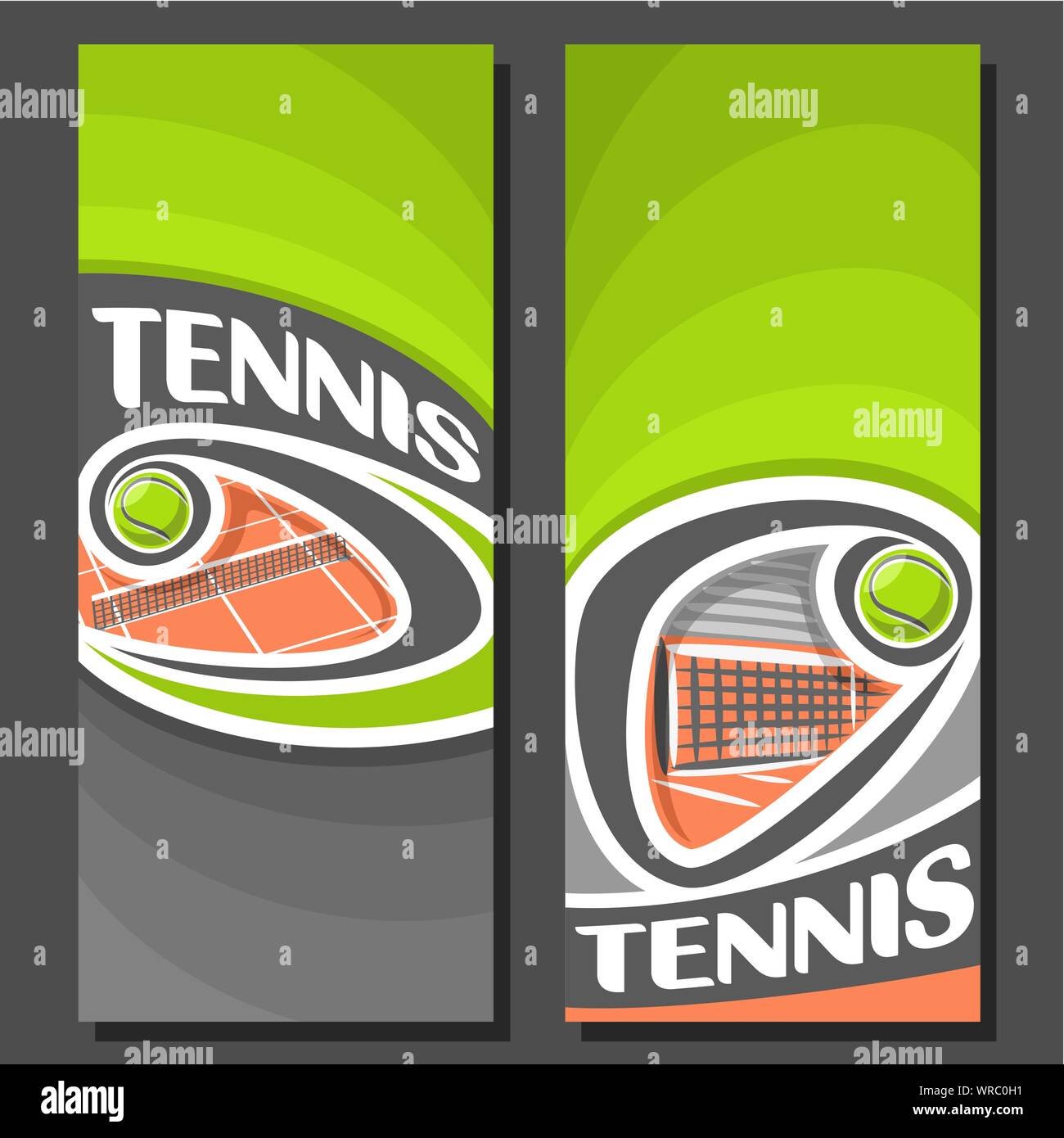 Vettore banner verticale per il Tennis: 2 formati di testo sul tema del tennis, arancione clay court con volare al di sopra net sfera su sfondo nero. Illustrazione Vettoriale