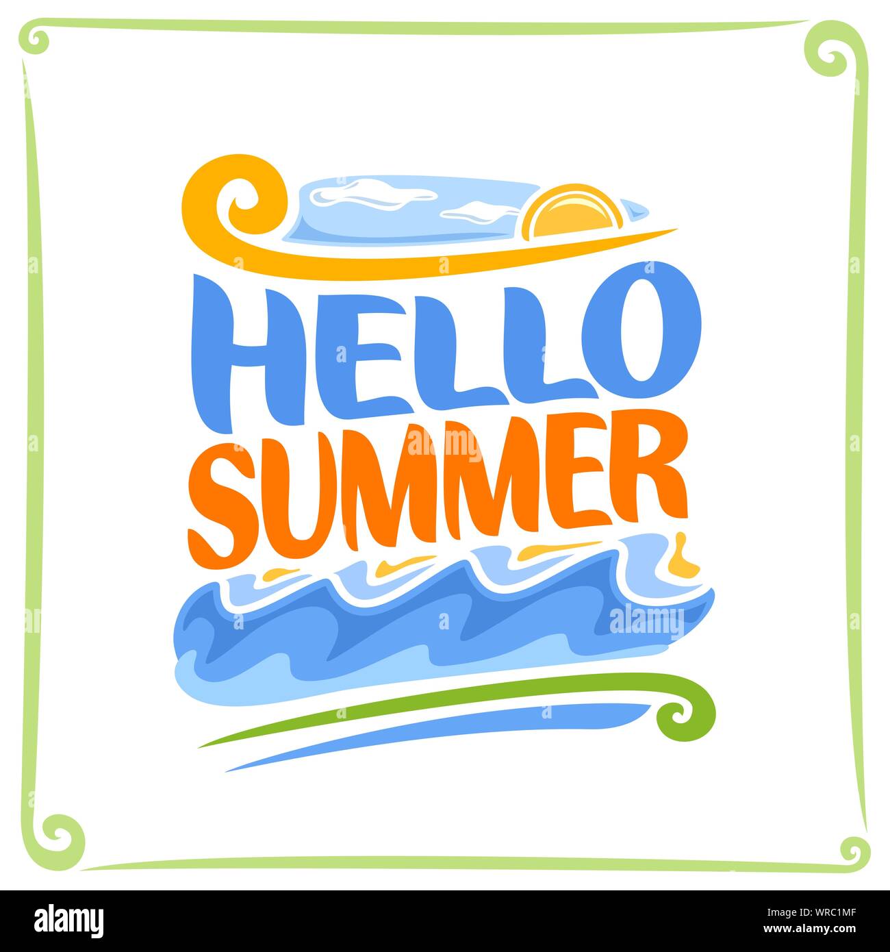 Poster del vettore per l'estate: cielo nuvoloso con Sun, testo arancione - ciao estate mare blu onde con la riflessione della luce solare in acqua su sfondo bianco. Illustrazione Vettoriale