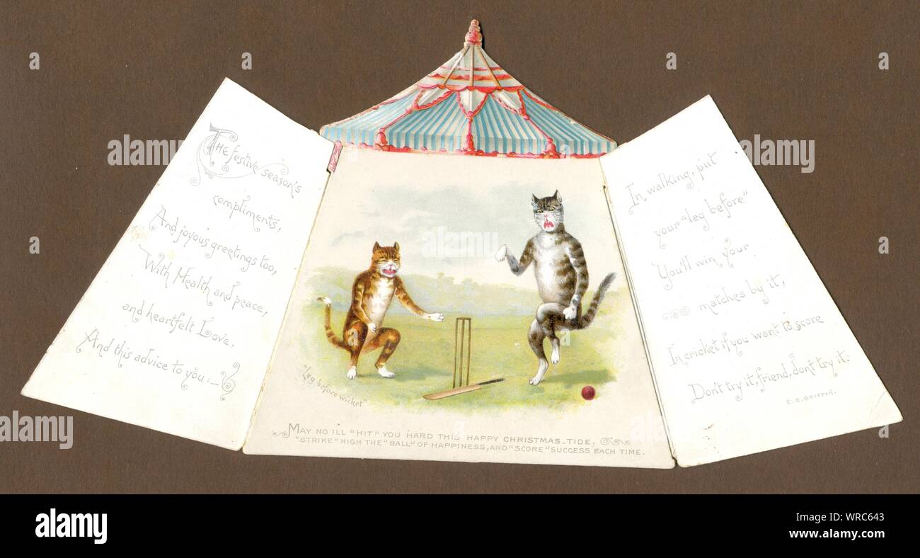 Due gatti a giocare a cricket da una scheda di piegatura che rappresenta una tenda di cricket 1885 Foto Stock