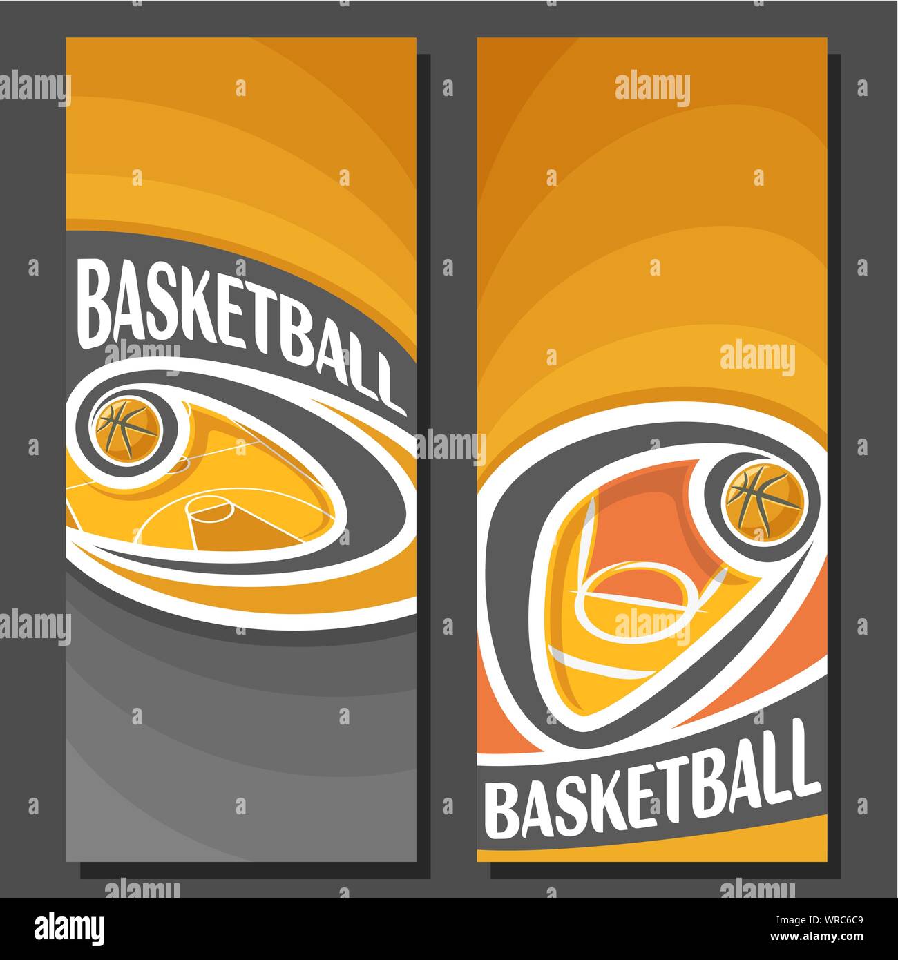 Vettore Banner verticale per il Basket: 2 formati di testo sul tema di pallacanestro, corte arancione con battenti sulla curva palla su sfondo nero. Illustrazione Vettoriale
