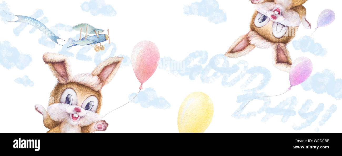 Parete di vivaio art. I conigli di giocare. Volo aereo con nastro, sky nuvole, palloncini colorati. Lettering. Ciao. Buona giornata. Illustrazione per bambini. Whi Foto Stock