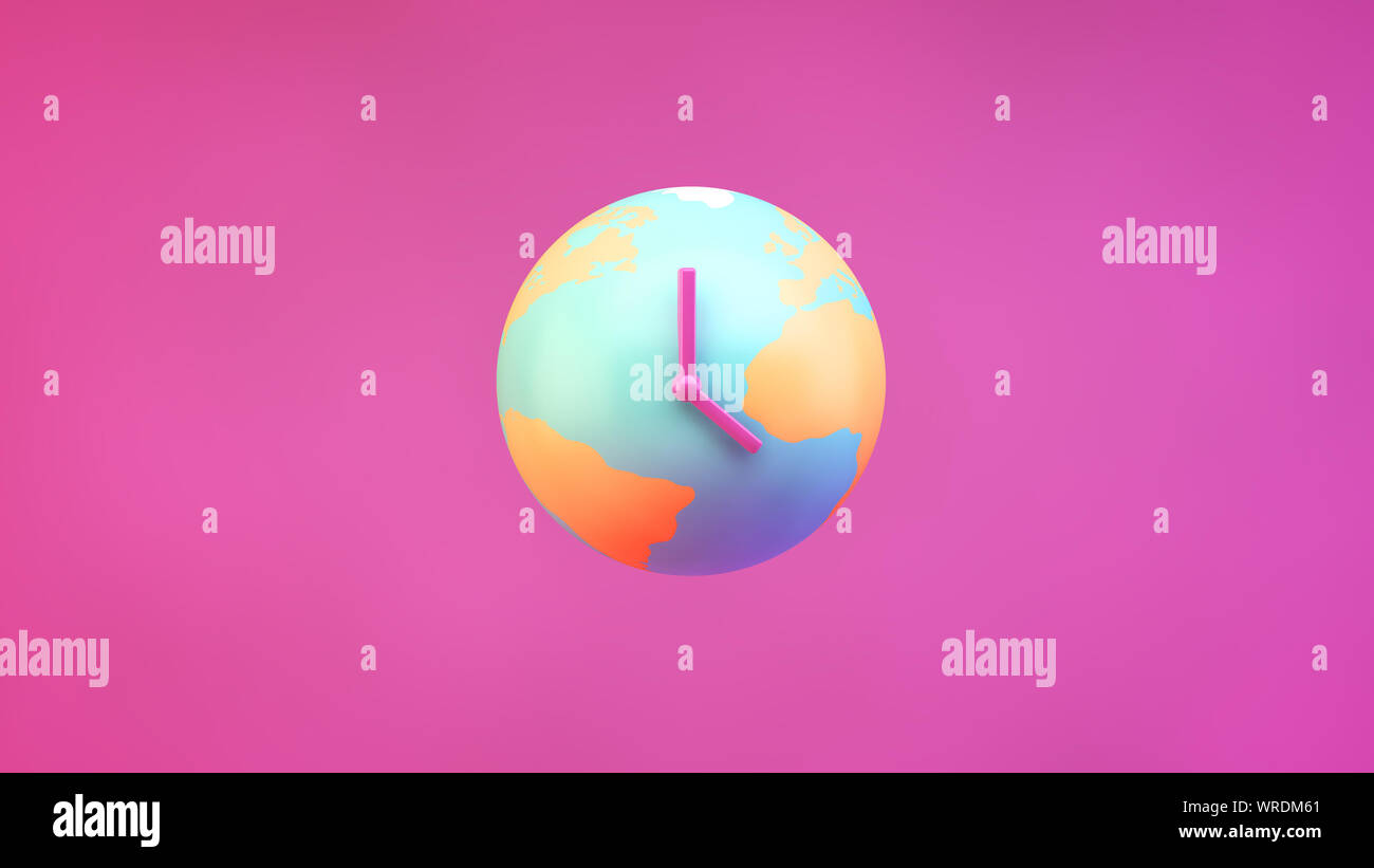 La massa vegetale con orologio mani su un sfondo rosa. Il cambiamento climatico concetto. Il rendering 3d. Illustrazione Digitale Foto Stock