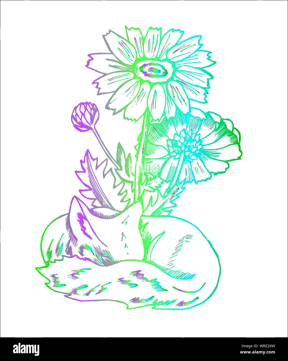 Gradiente di pattern di Fox. Illustrazione di una volpe cosmica con fiori Illustrazione Vettoriale