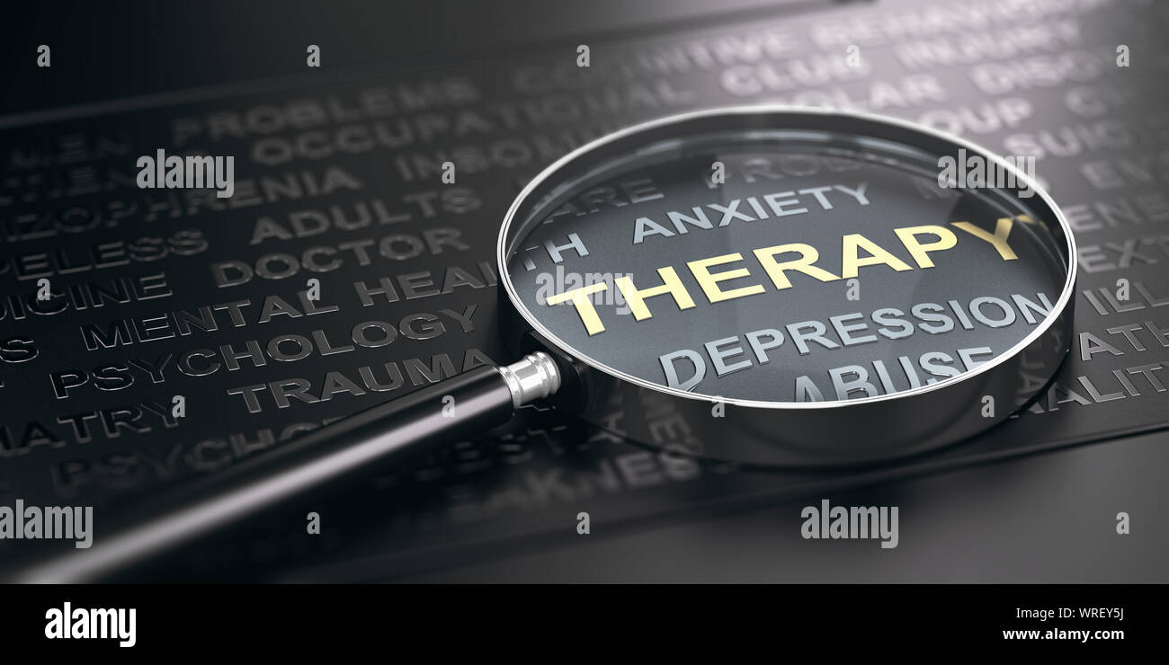 3D illustrazione di una lente di ingrandimento sulla salute mentale disturbo parole con focus sulla parola terapia. Sfondo nero. Foto Stock