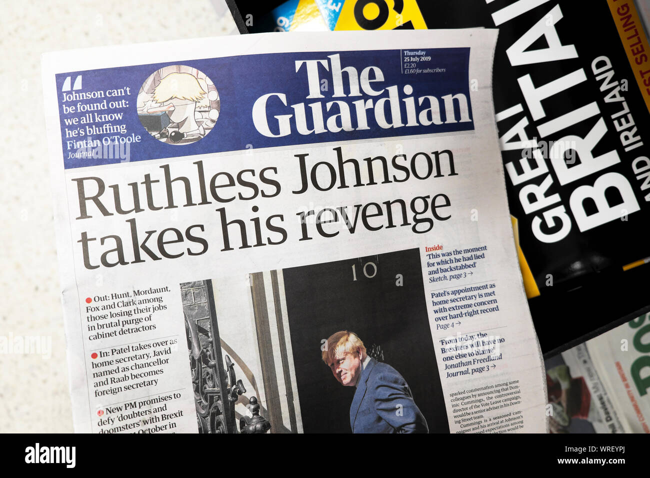 Quotidiano Guardian headline "spietato Johnson prende la sua rivincita' 25 luglio 2019 Londra Inghilterra REGNO UNITO Foto Stock