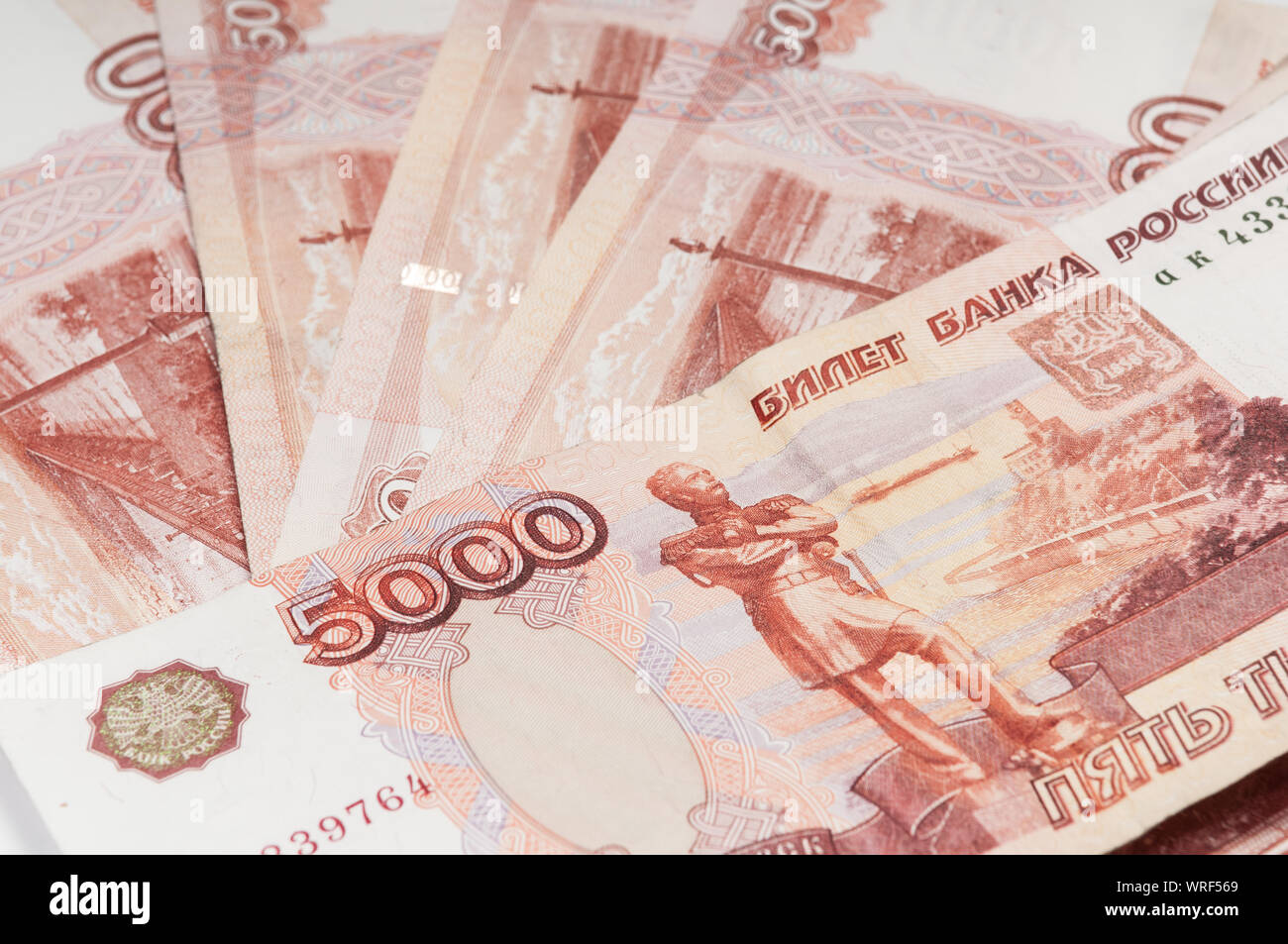 Il russo 5000 rubli banconota closeup macro, Russia ruble denaro Foto Stock