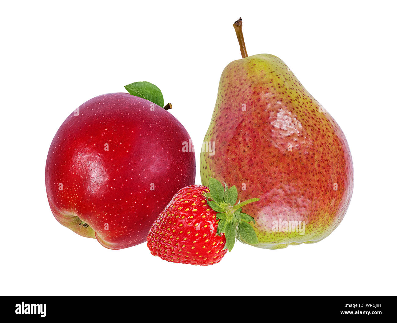 Mele,fragola e pera isolati su sfondo bianco Foto Stock