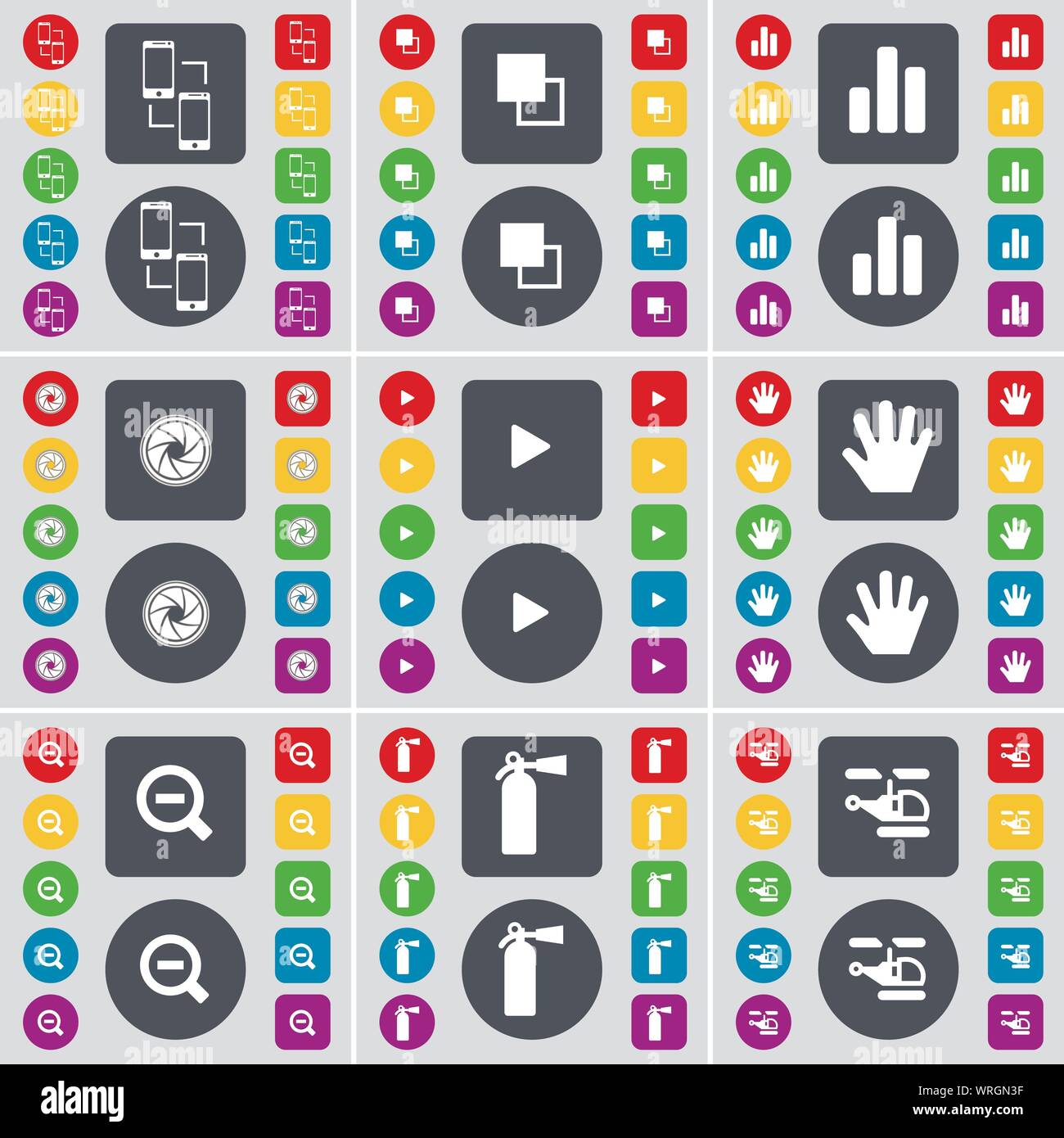 Il collegamento, copia, Diagramma, lente, la riproduzione di file multimediali, mano, la lente di ingrandimento, estintore, elicottero icona simbolo. Un grande insieme di Piana, pulsanti colorati per il vostro design. Vettore Illustrazione Vettoriale