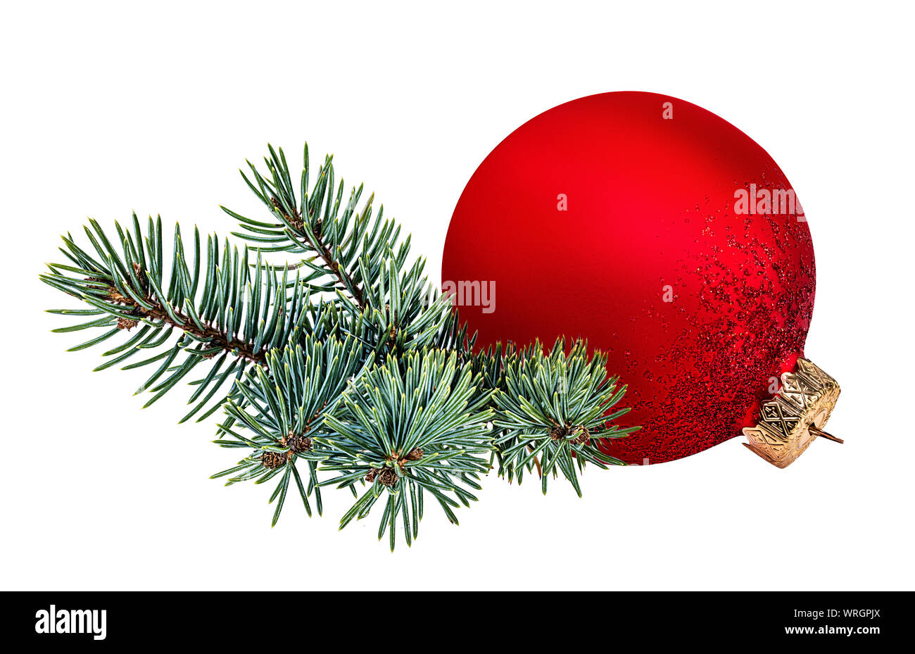 Pallina di natale e albero di natale isolato su bianco Foto Stock