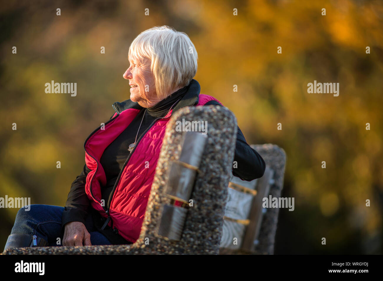 Senior donna seduta sul banco di lavoro. Foto Stock
