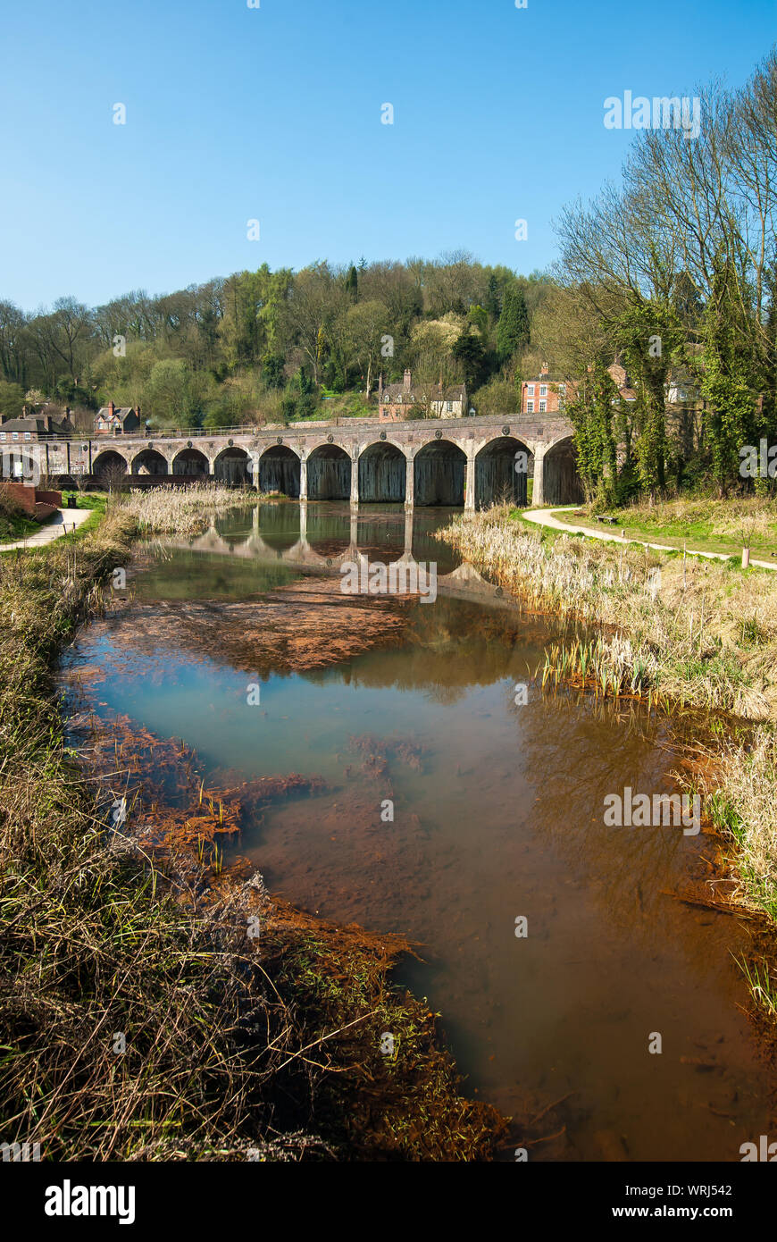 Il viadotto ferroviario attraversa la piscina del forno superiore a Coalbrookdale nello Shropshire (vista ritratto) con acqua arrugginita rossa Foto Stock